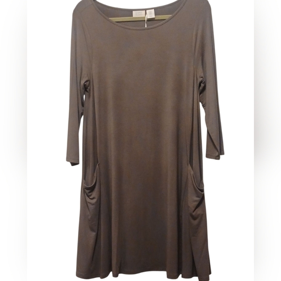 Sigrid Olsen - NWT, Taupe Dress W/ Pockets, Round Neck, 3/4 Sleeves, Size Medium - Picture 8 of 9